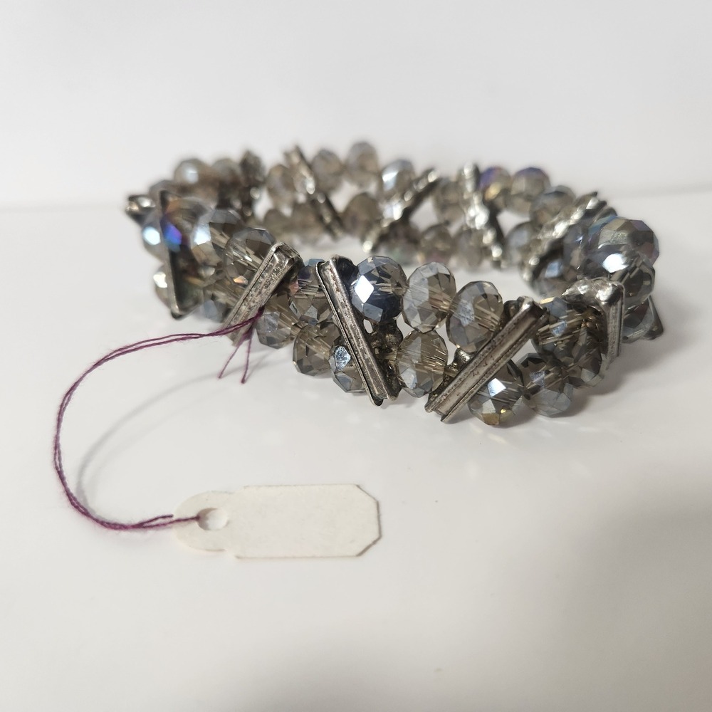 Vintage Smoke Grey Iridescent Glass Bead Stretch Bracelet Silver Tone‎ Art Deco